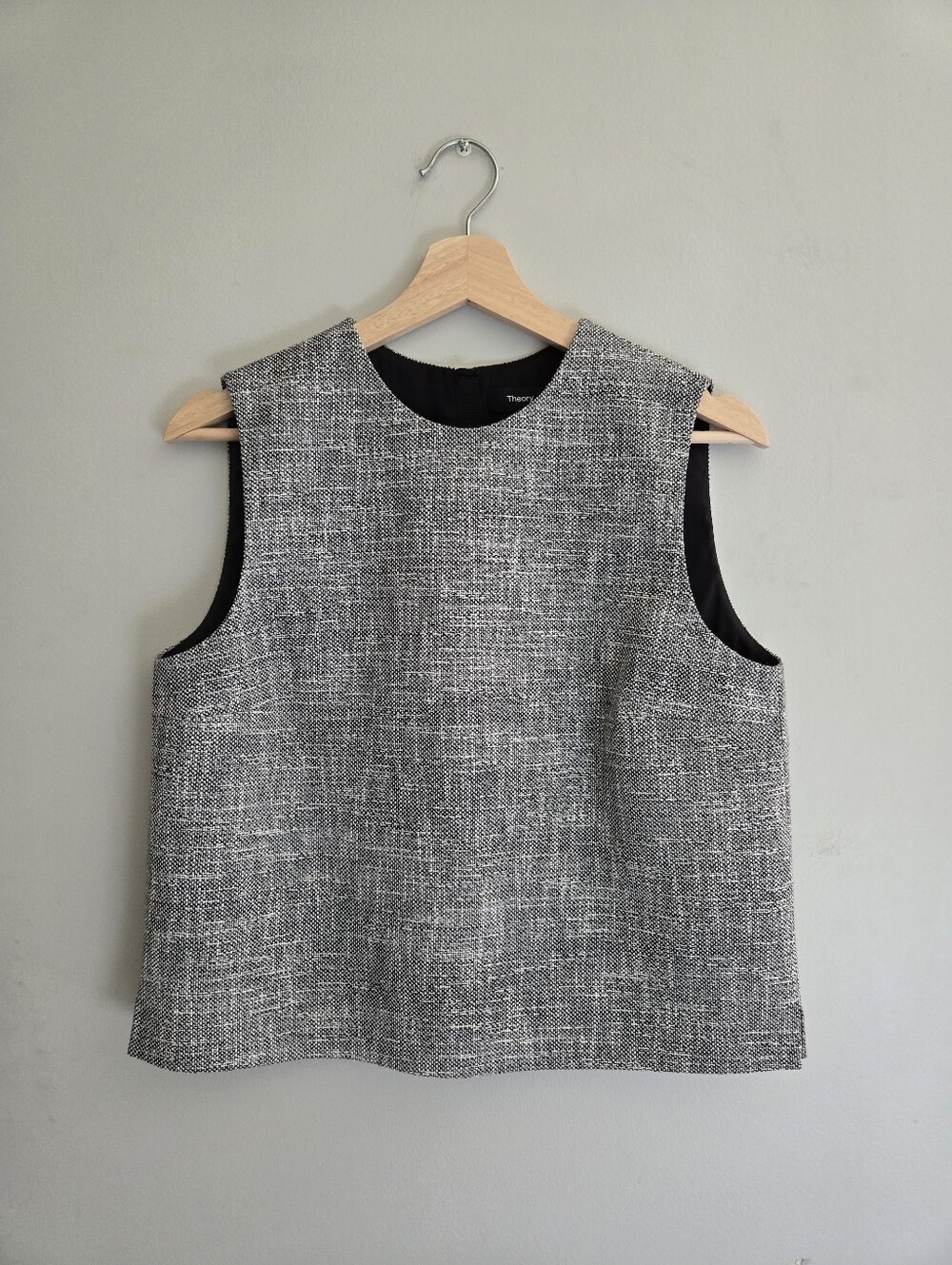 Theory Canvas Tweed Shell Top Vest Medium Black White Back Zip Office City Chic